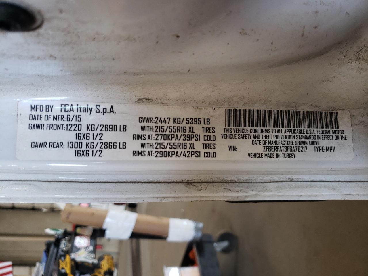 2015 Ram Promaster City VIN: ZFBERFAT3F6A76217 Lot: 64025264