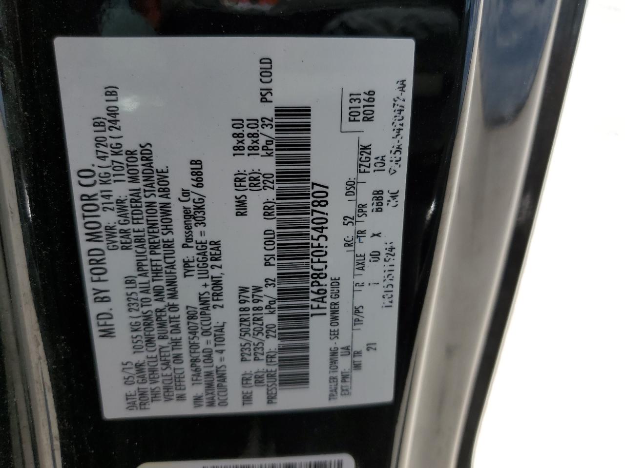 2015 Ford Mustang Gt VIN: 1FA6P8CF0F5407807 Lot: 61754864