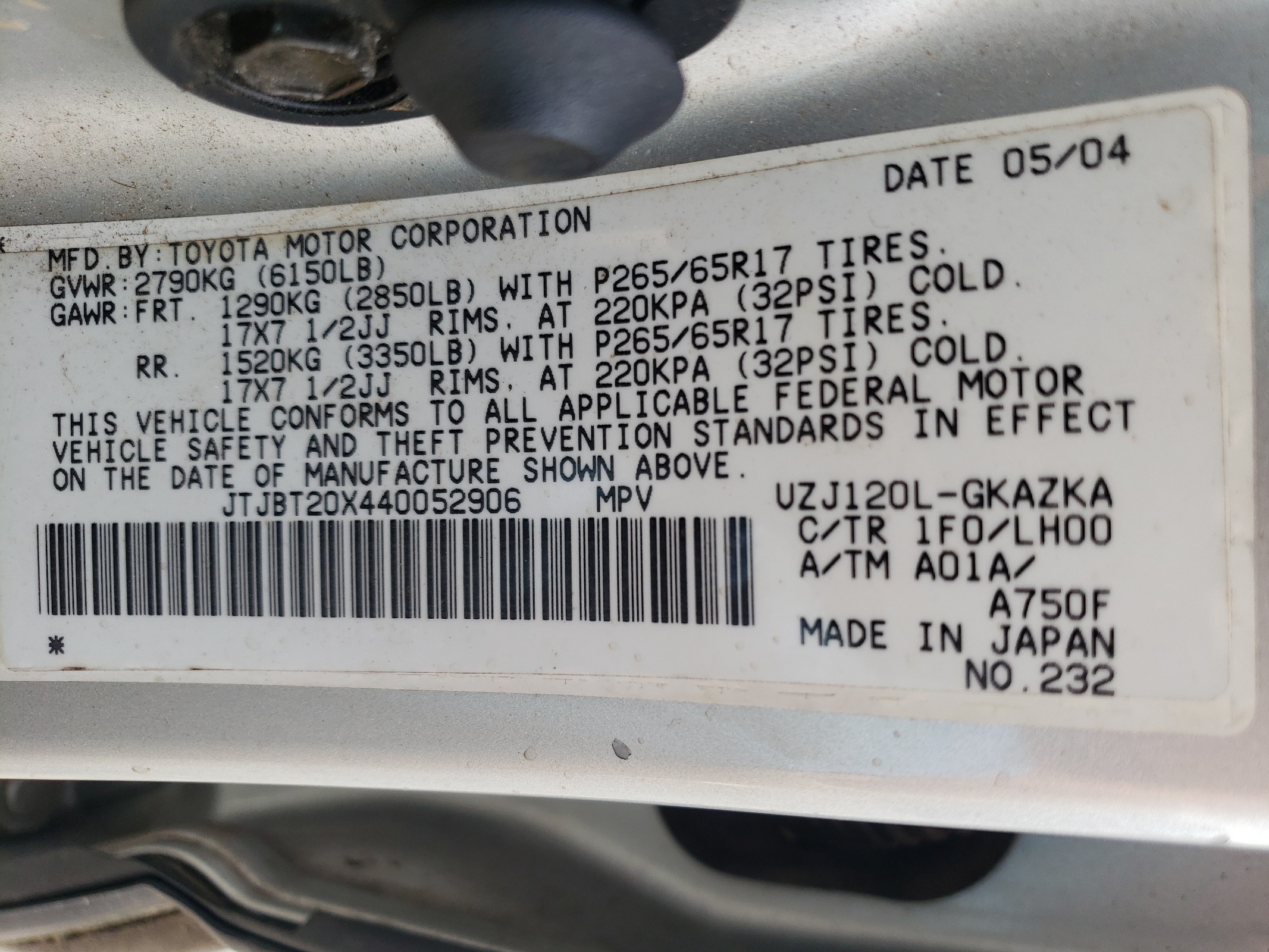 JTJBT20X440052906 2004 Lexus Gx 470