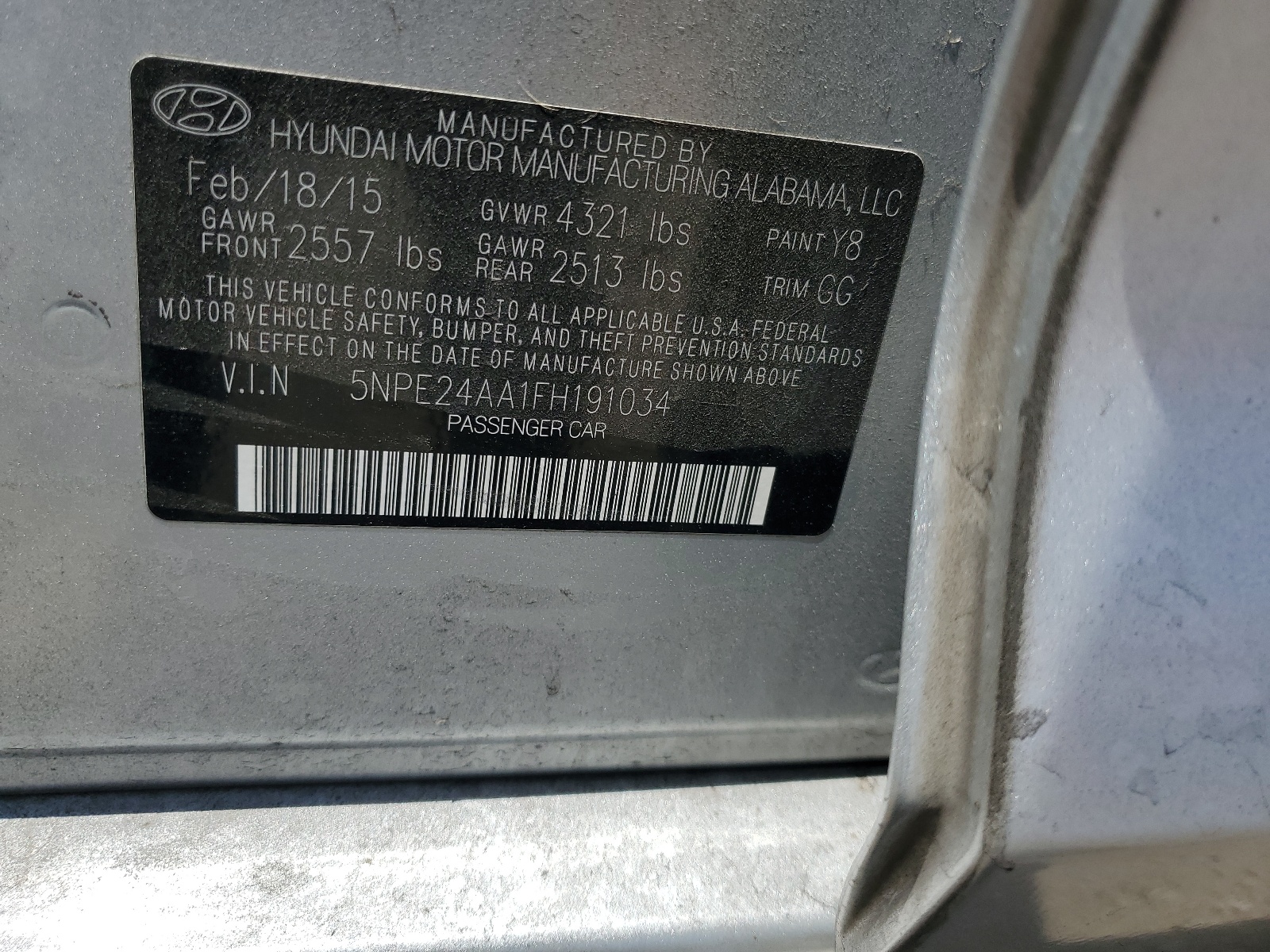 5NPE24AA1FH191034 2015 Hyundai Sonata Eco