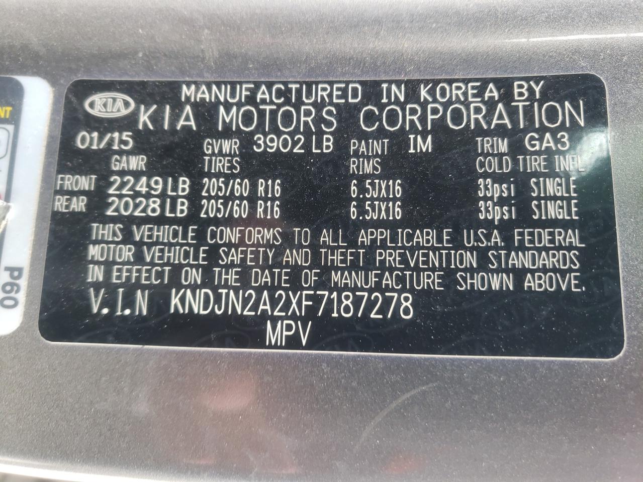 2015 Kia Soul VIN: KNDJN2A2XF7187278 Lot: 63927984