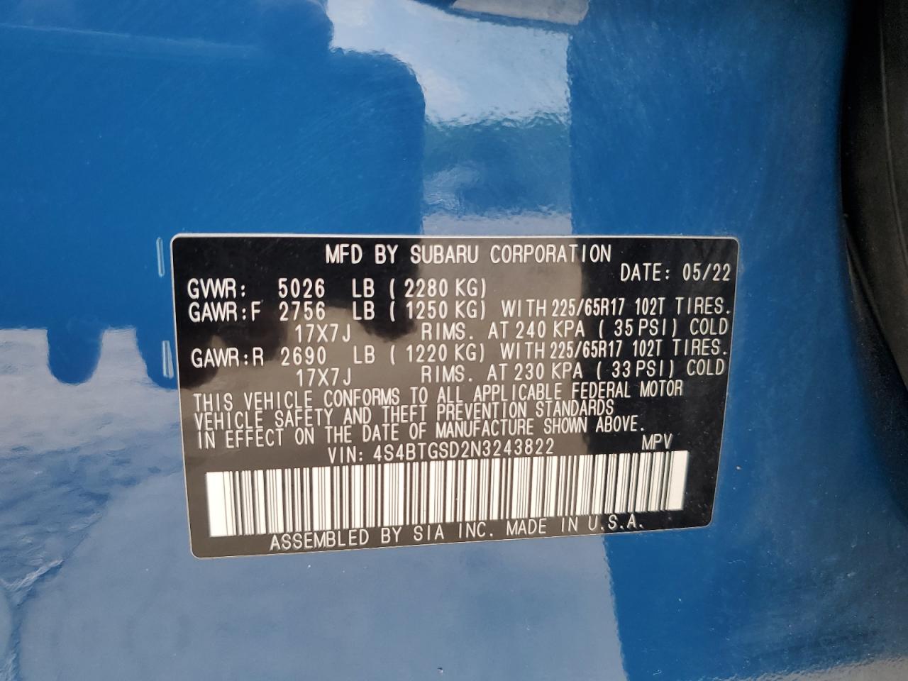 2022 Subaru Outback Wilderness VIN: 4S4BTGSD2N3243822 Lot: 61475524