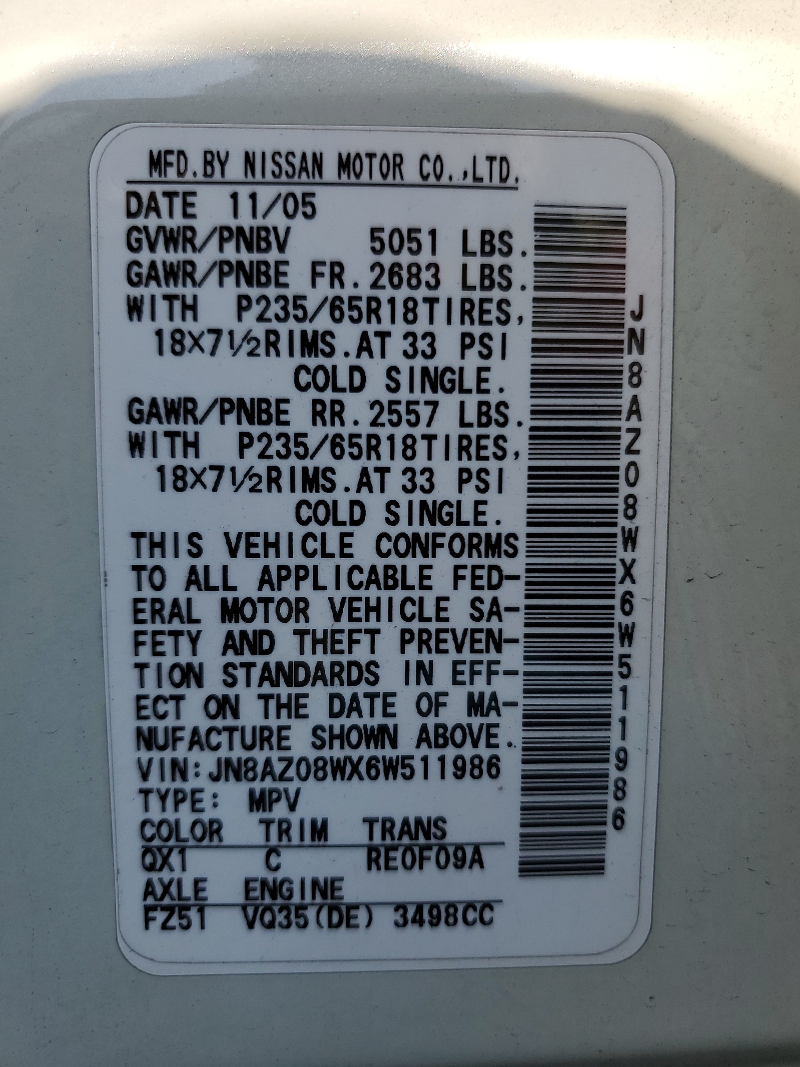 JN8AZ08WX6W511986 2006 Nissan Murano Sl