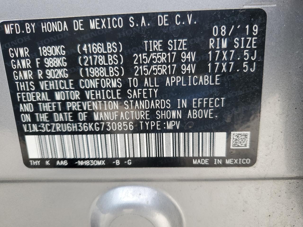 2019 Honda Hr-V Lx VIN: 3CZRU6H36KG730856 Lot: 62612144