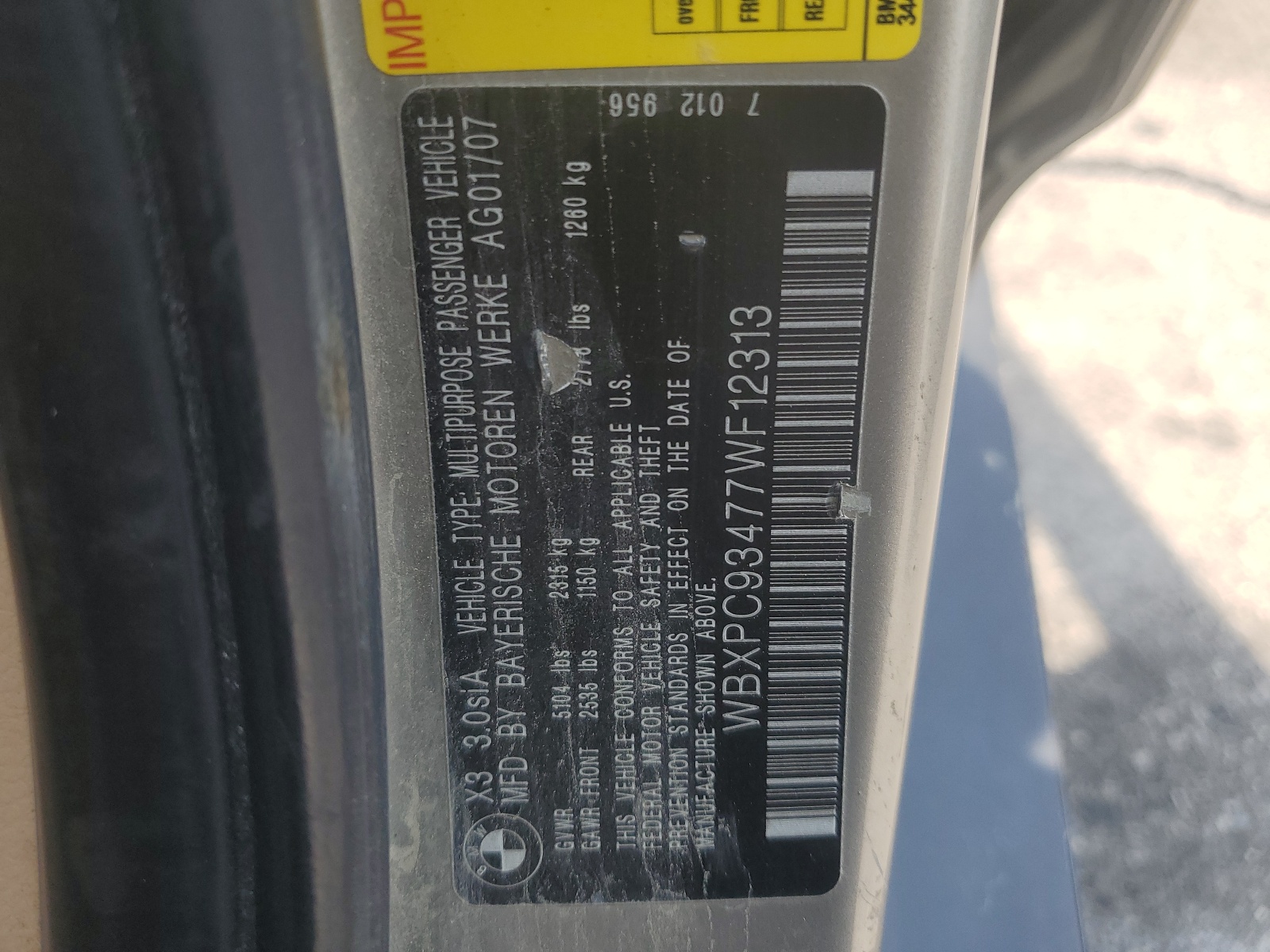 WBXPC93477WF12313 2007 BMW X3 3.0Si