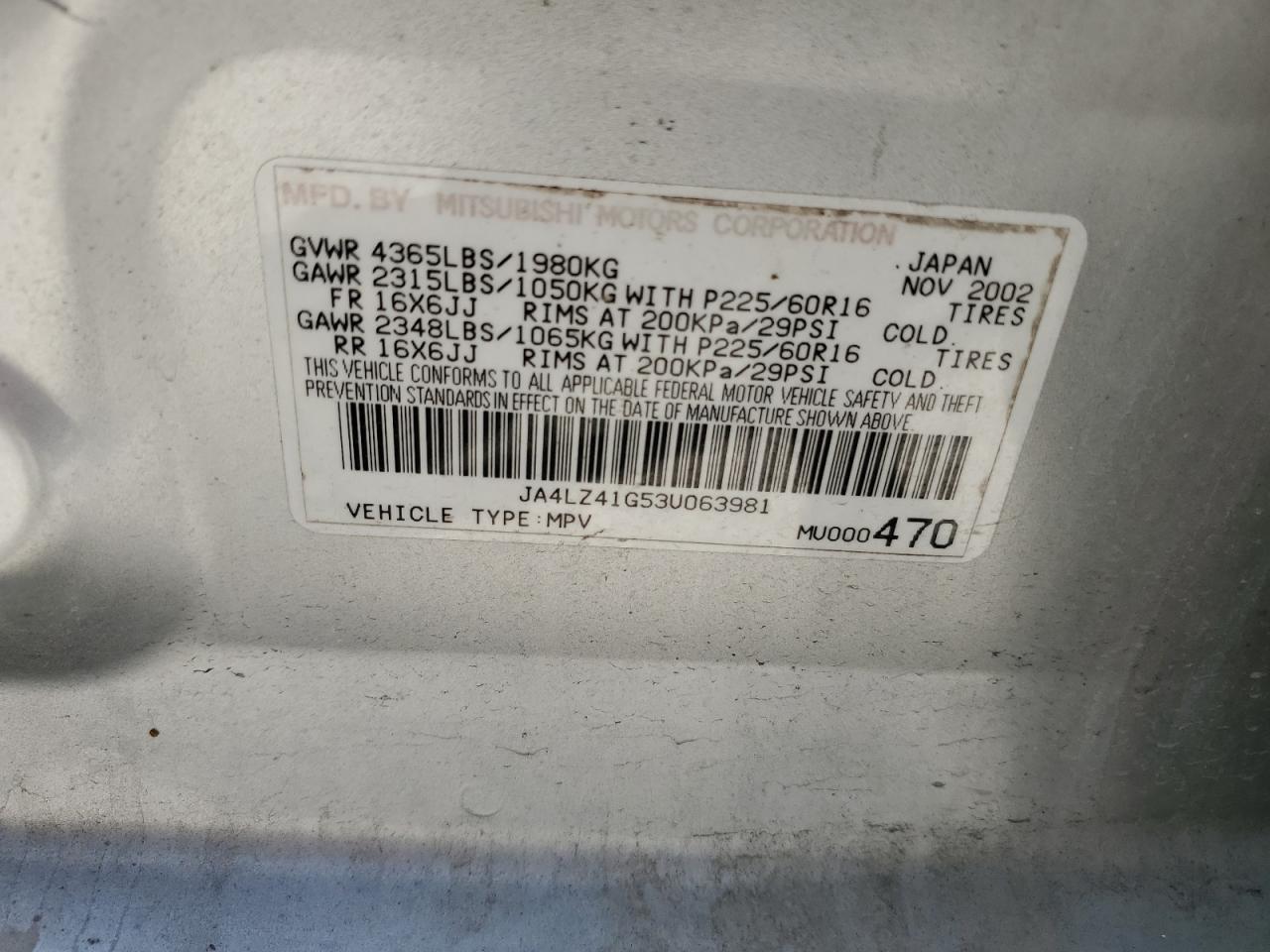 JA4LZ41G53U063981 2003 Mitsubishi Outlander Xls