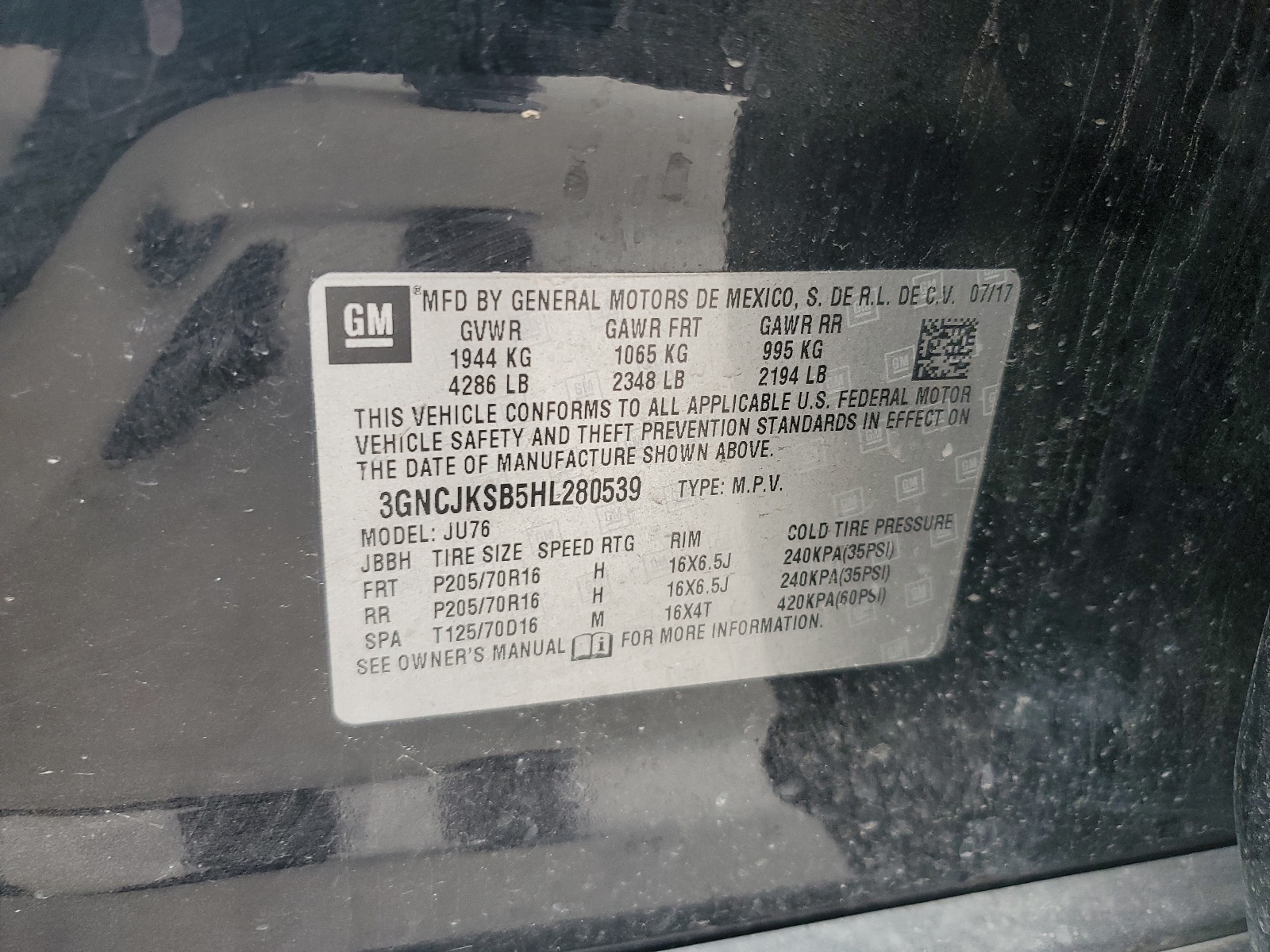 3GNCJKSB5HL280539 2017 Chevrolet Trax Ls