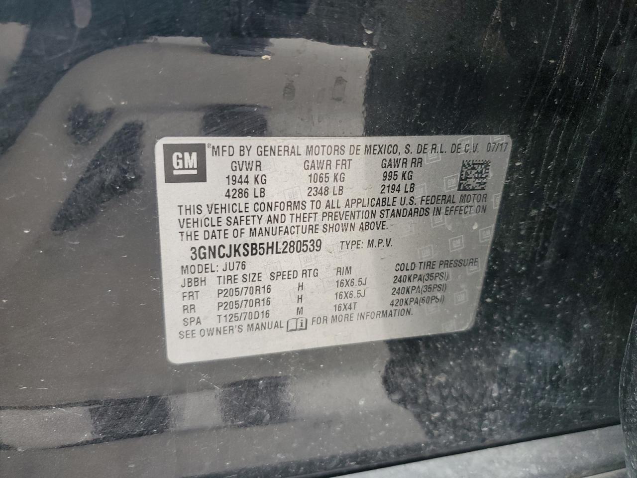 2017 Chevrolet Trax Ls VIN: 3GNCJKSB5HL280539 Lot: 61926324