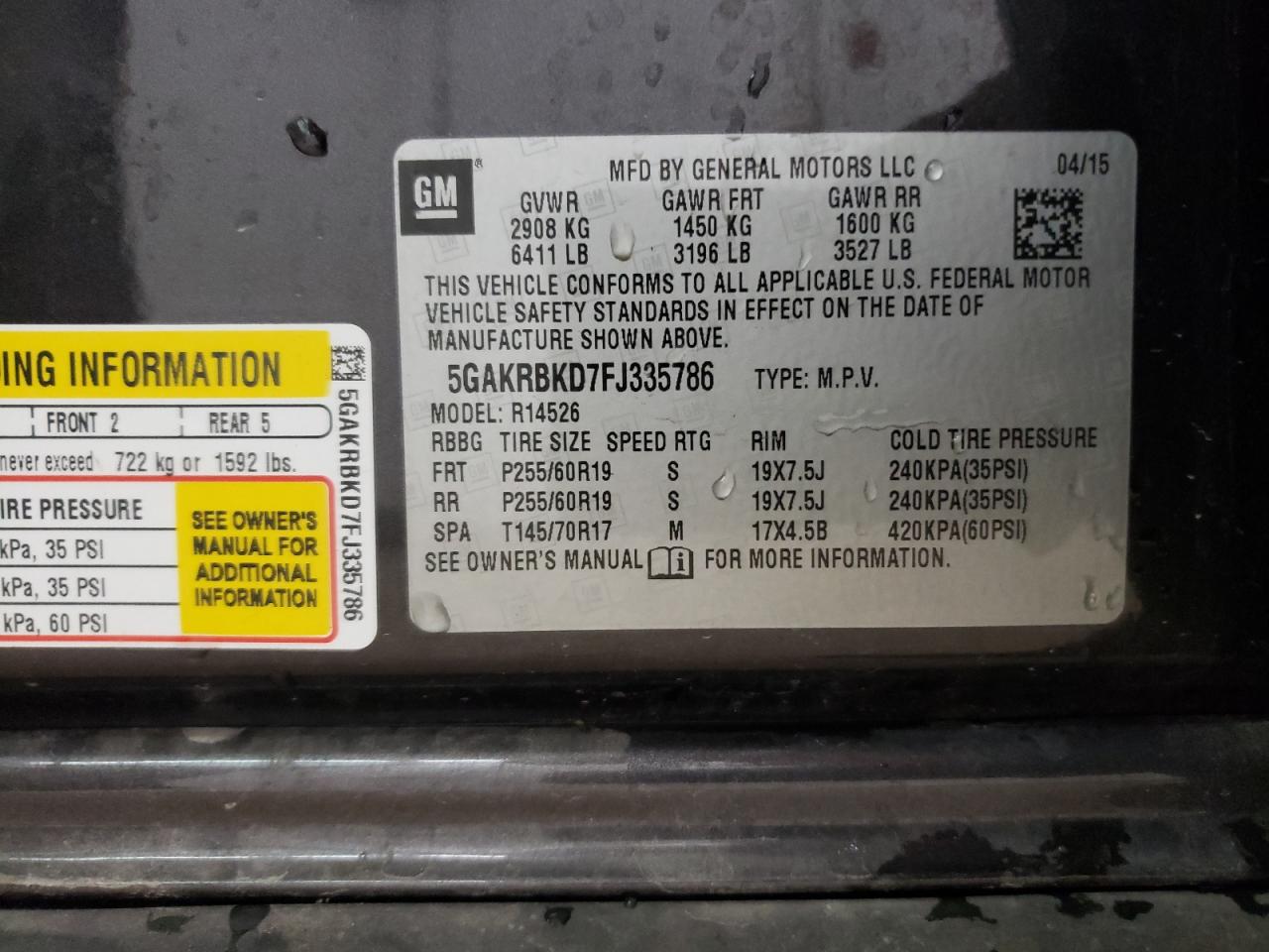 2015 Buick Enclave VIN: 5GAKRBKD7FJ335786 Lot: 45298504