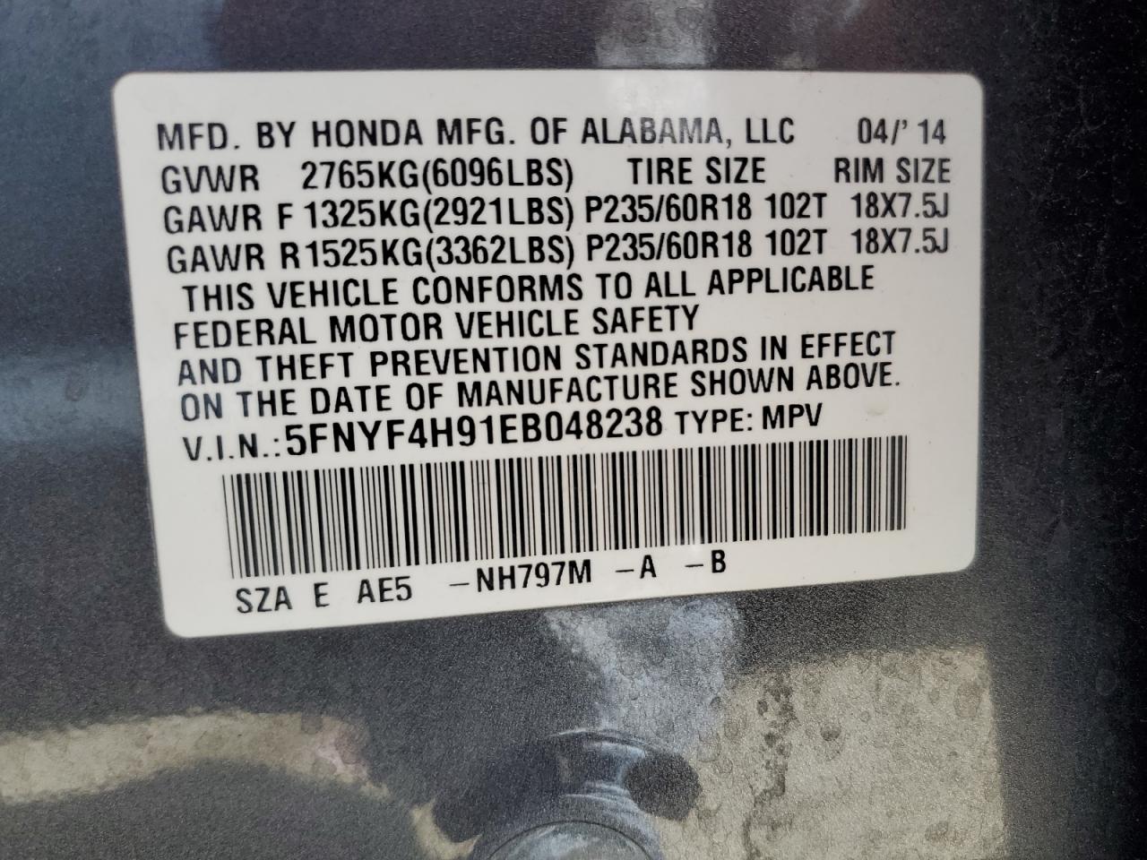 2014 Honda Pilot Touring VIN: 5FNYF4H91EB048238 Lot: 61744464