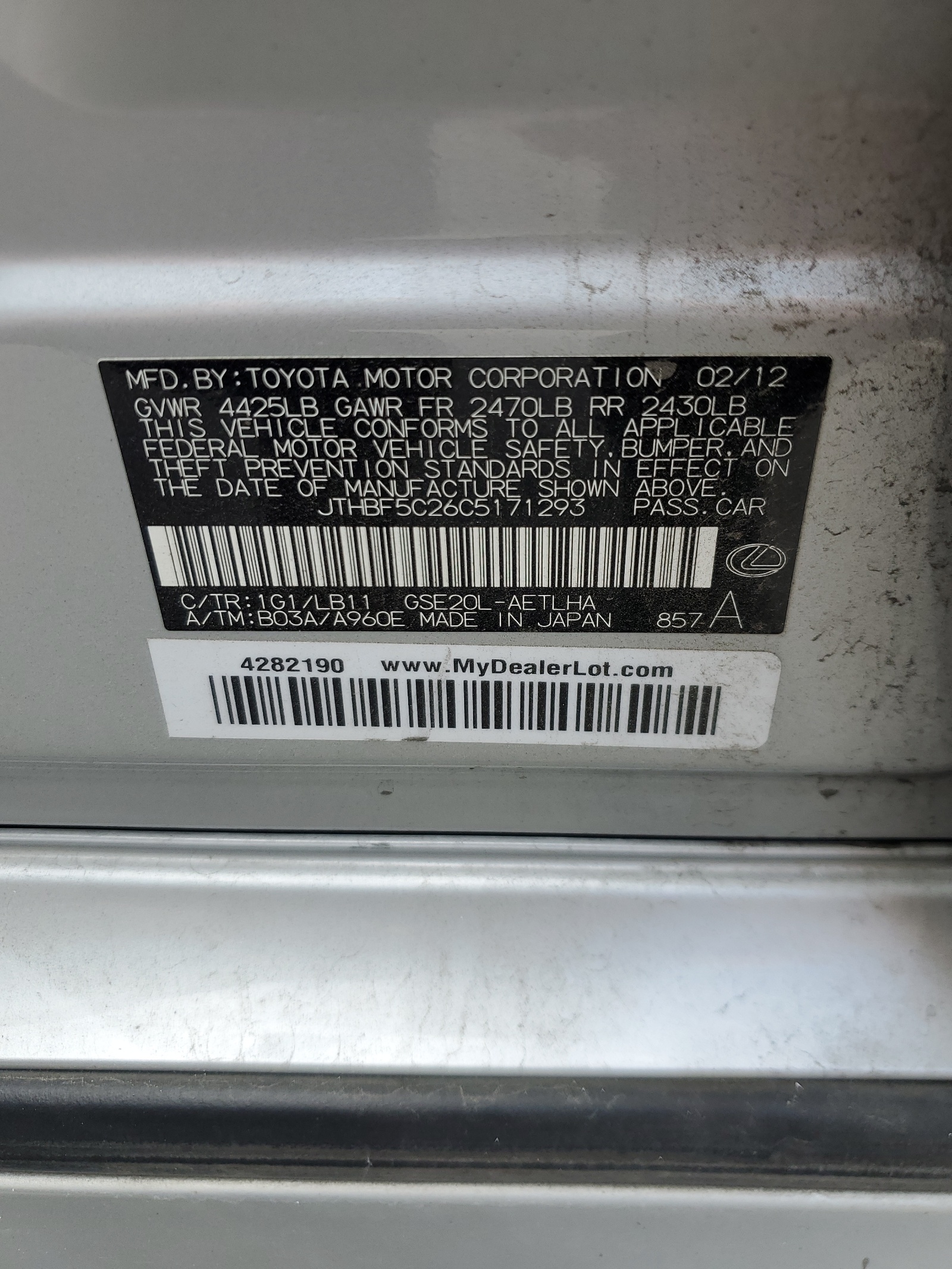 JTHBF5C26C5171293 2012 Lexus Is 250