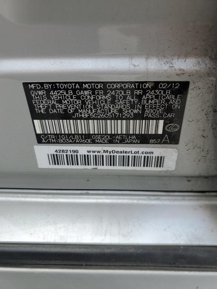 2012 Lexus Is 250 VIN: JTHBF5C26C5171293 Lot: 61920154