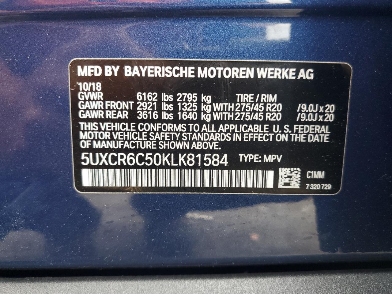 2019 BMW X5 xDrive40I VIN: 5UXCR6C50KLK81584 Lot: 64551714