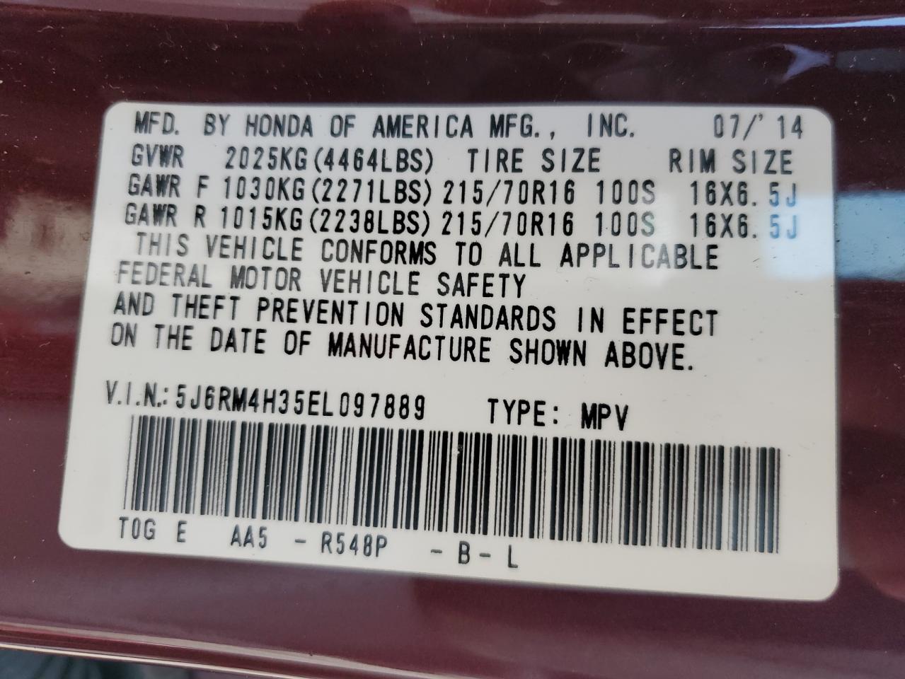 2014 Honda Cr-V Lx VIN: 5J6RM4H35EL097889 Lot: 64663084