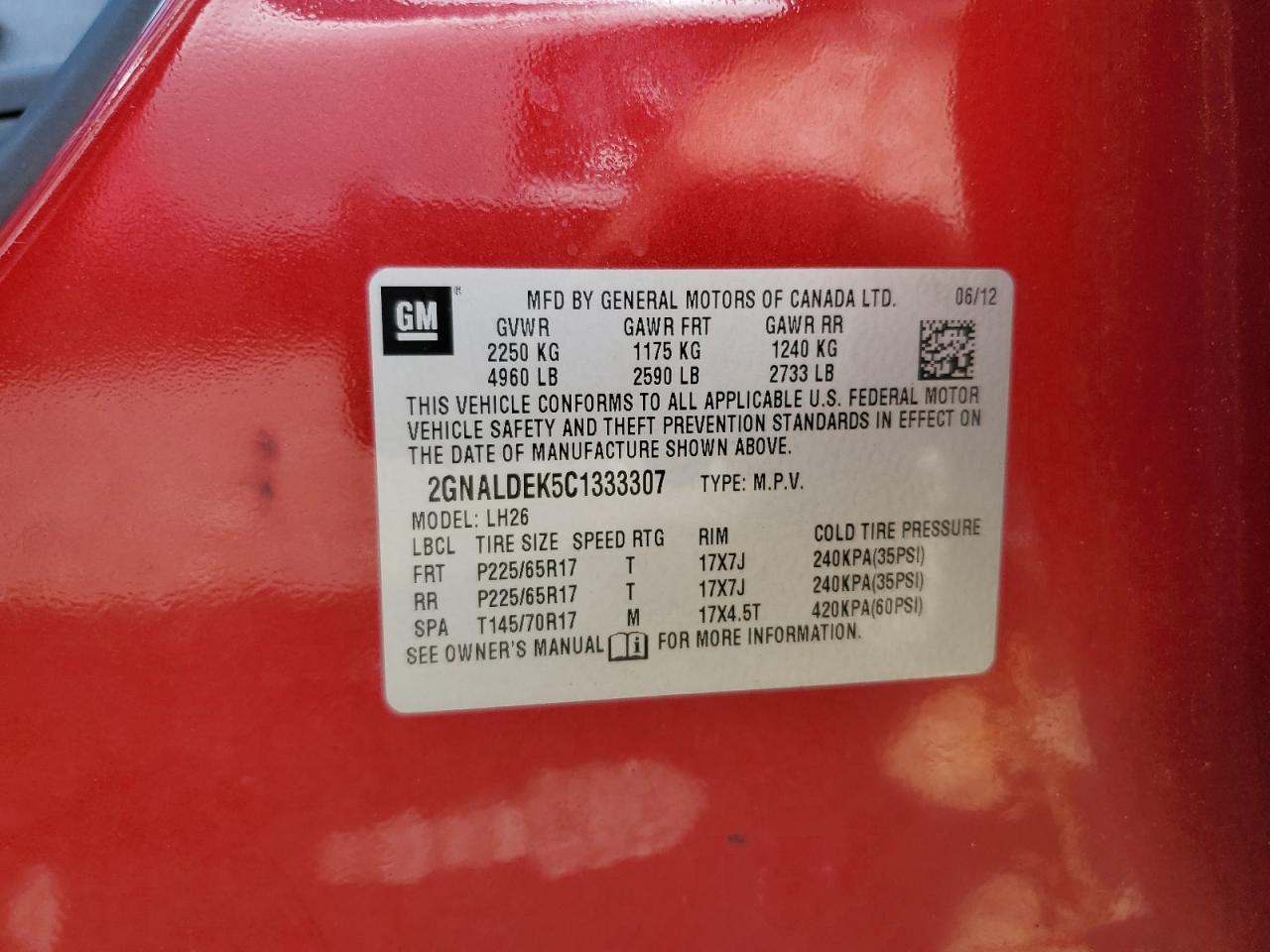 2012 Chevrolet Equinox Lt VIN: 2GNALDEK5C1333307 Lot: 63110164