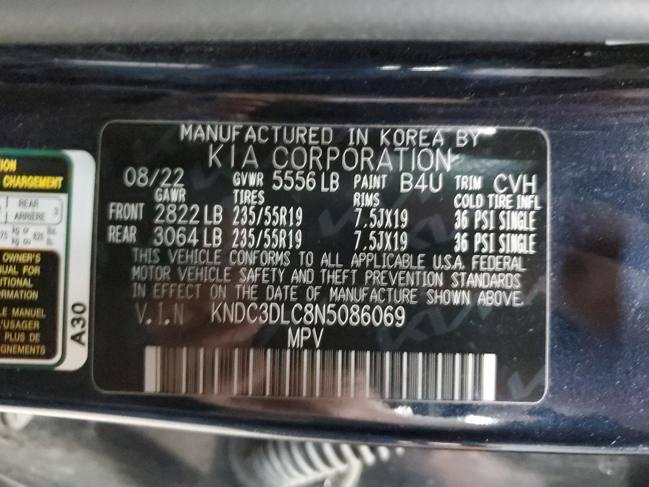 KNDC3DLC8N5086069 2022 Kia Ev6 Light