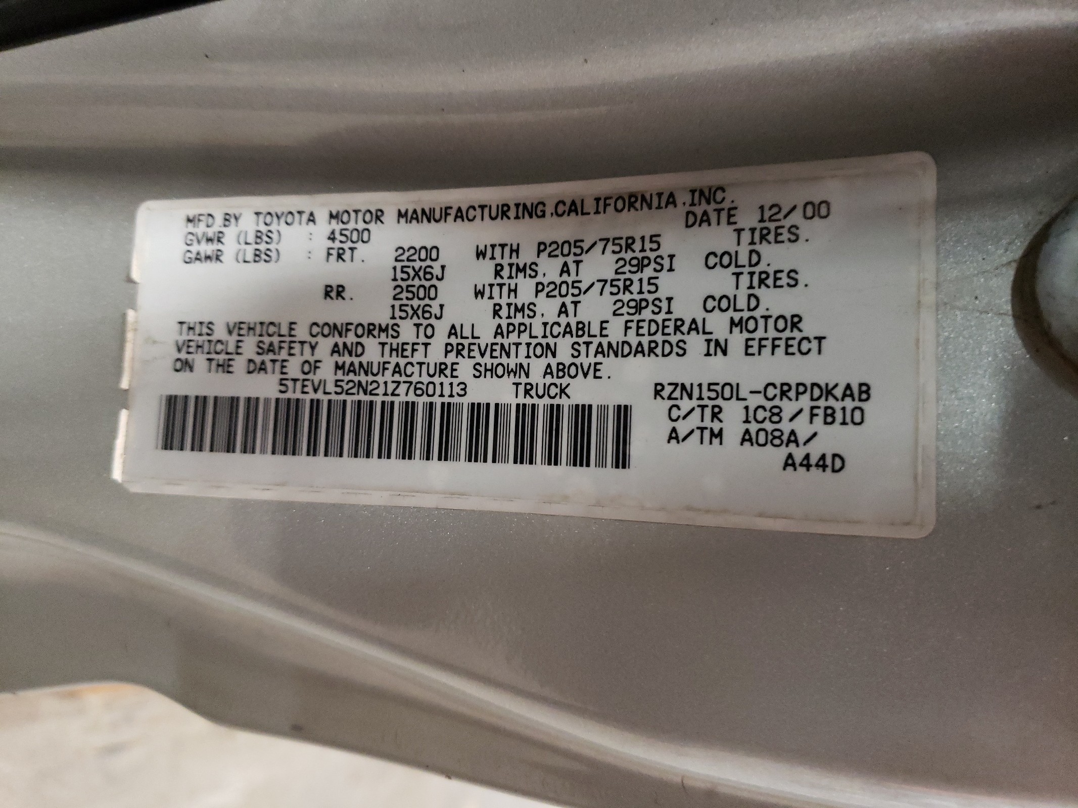 5TEVL52N21Z760113 2001 Toyota Tacoma Xtracab