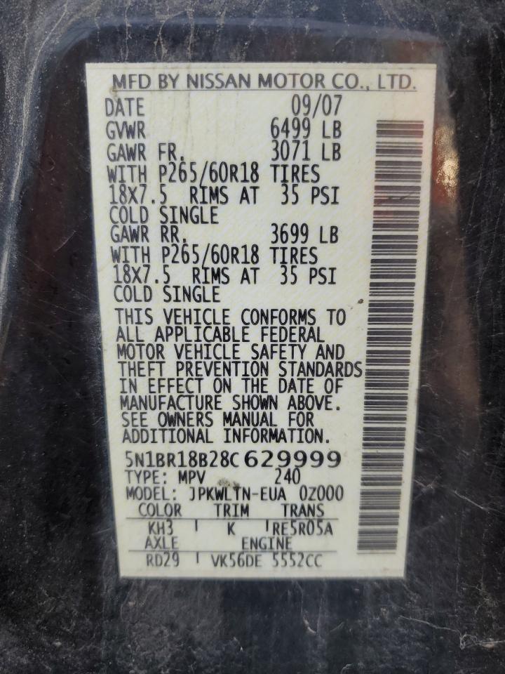 2008 Nissan Pathfinder Le VIN: 5N1BR18B28C629999 Lot: 65178074