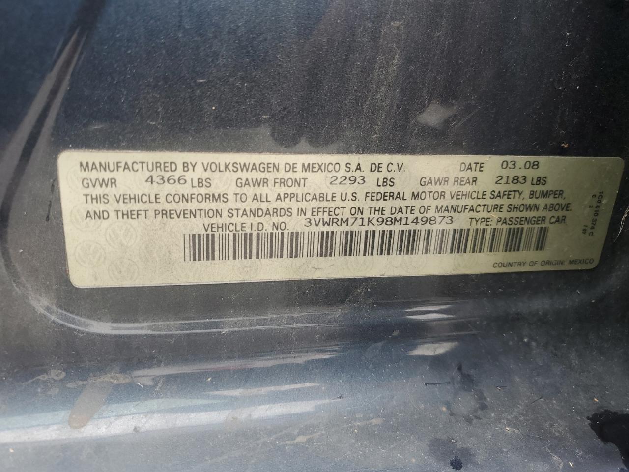 2008 Volkswagen Jetta Se VIN: 3VWRM71K98M149873 Lot: 64088484