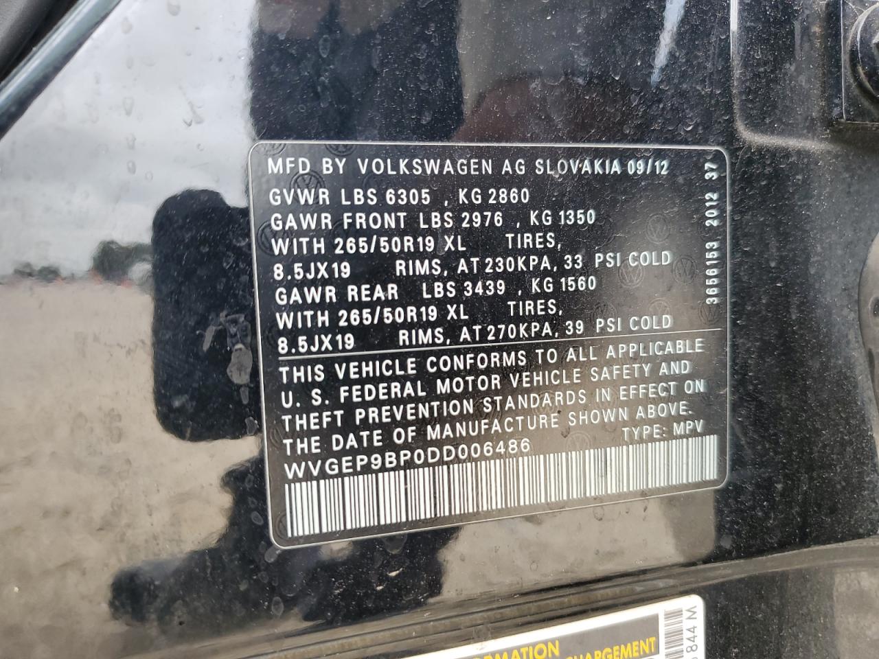 WVGEP9BP0DD006486 2013 Volkswagen Touareg V6 Tdi