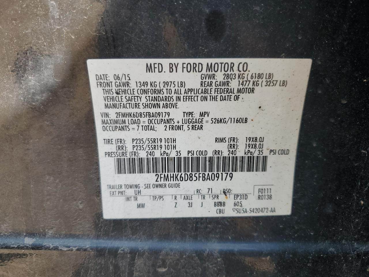 2015 Ford Flex Limited VIN: 2FMHK6D85FBA09179 Lot: 63865304