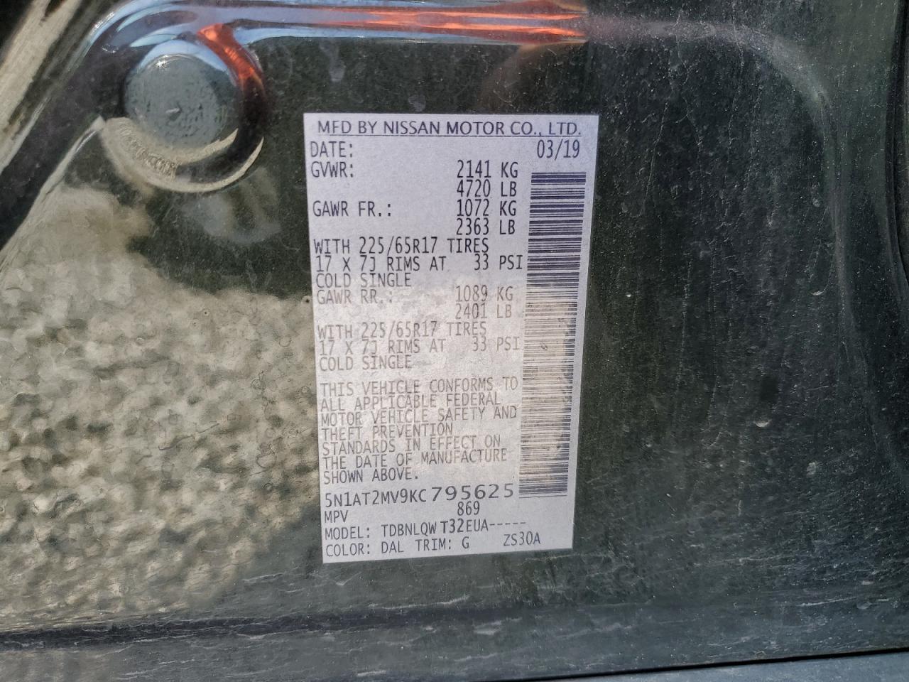 2019 Nissan Rogue S VIN: 5N1AT2MV9KC795625 Lot: 61680694