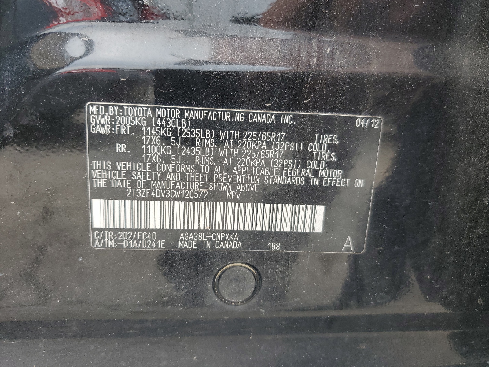 2T3ZF4DV3CW120572 2012 Toyota Rav4
