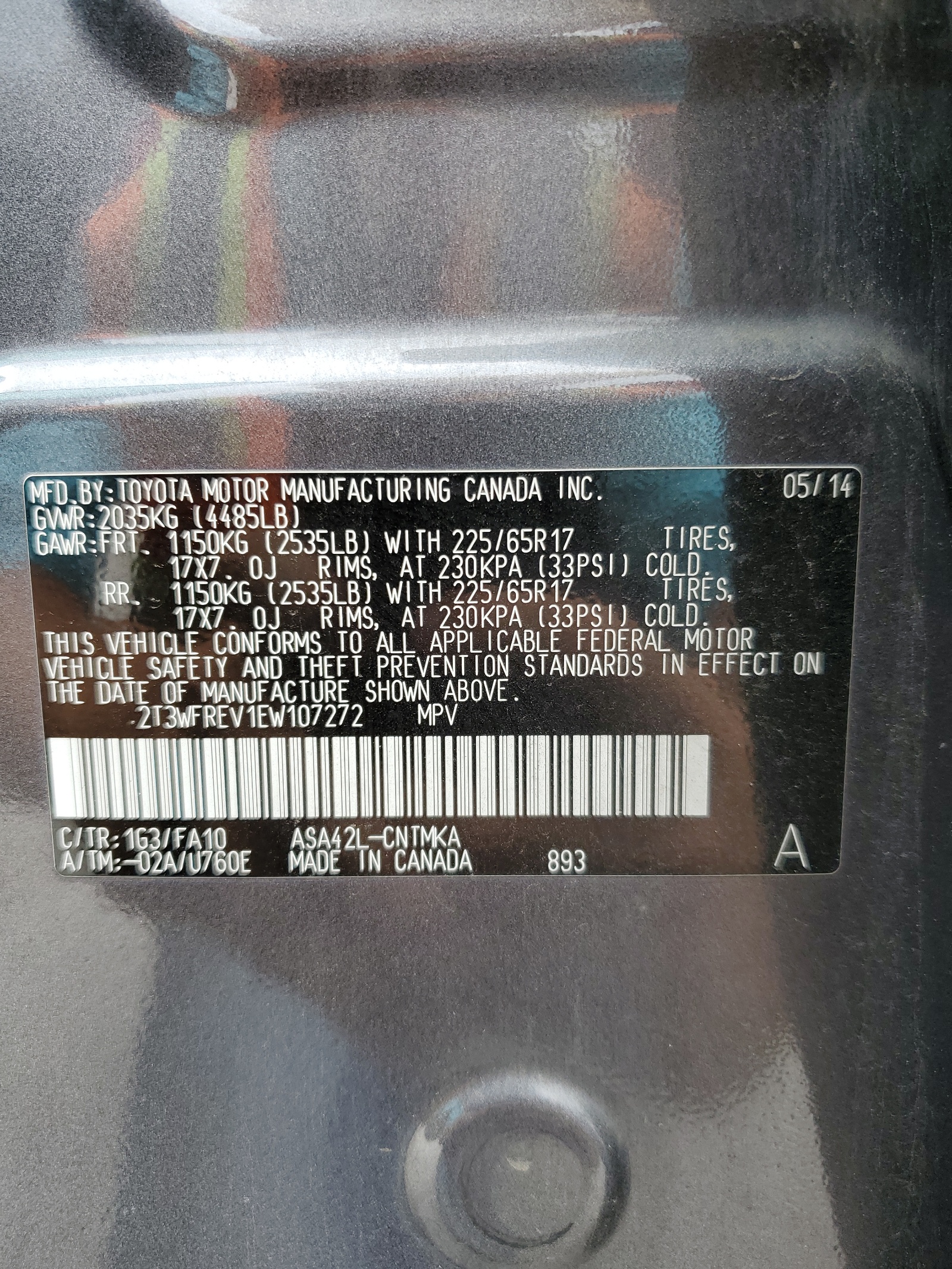 2T3WFREV1EW107272 2014 Toyota Rav4 Xle