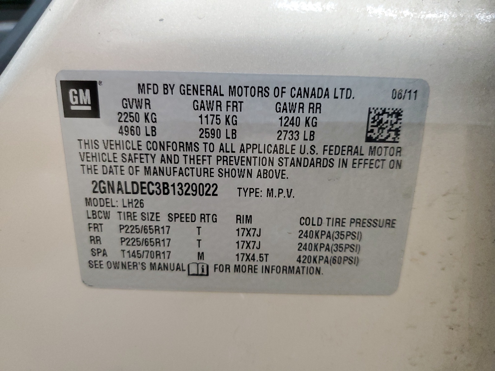 2GNALDEC3B1329022 2011 Chevrolet Equinox Lt