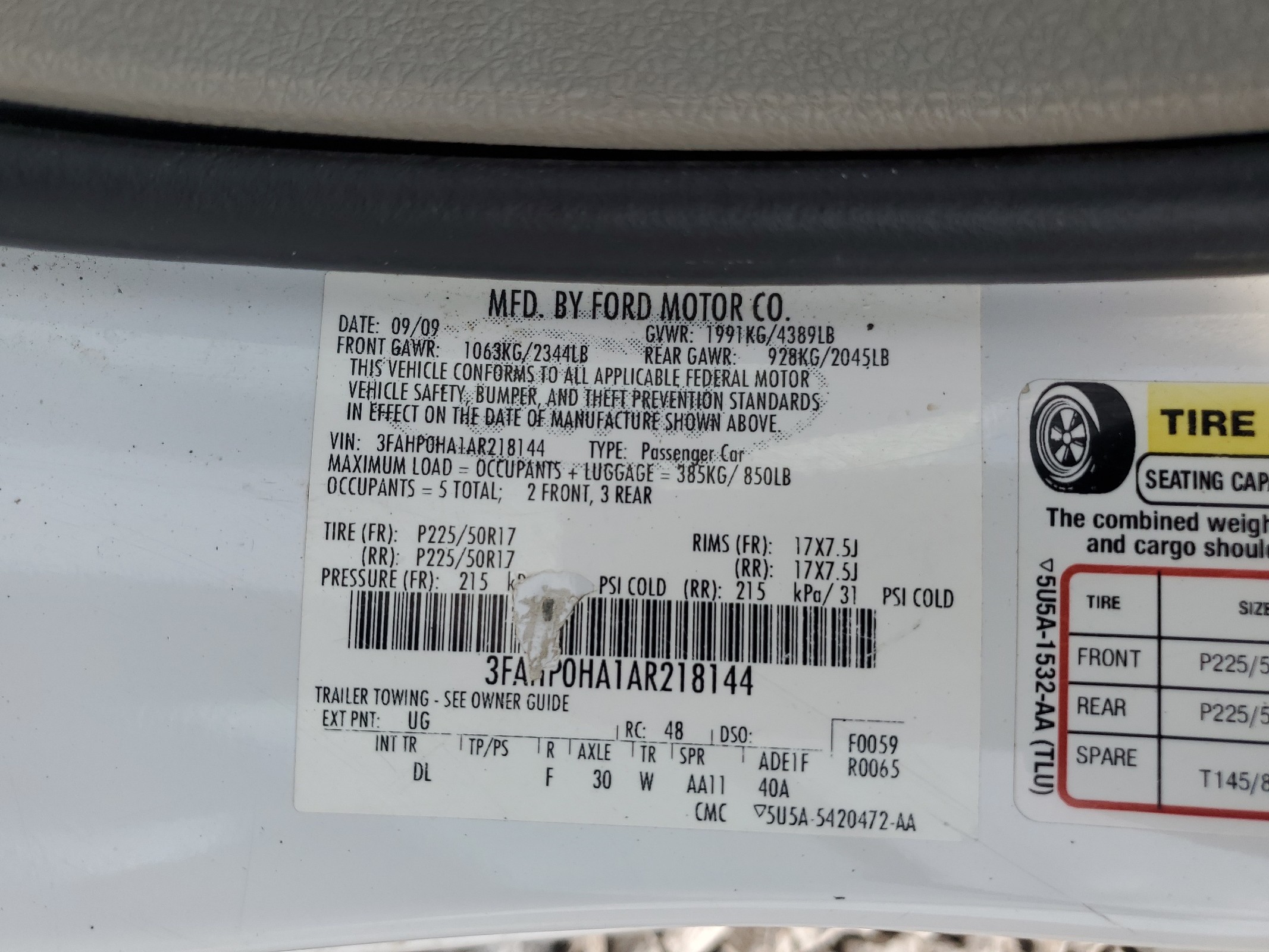 3FAHP0HA1AR218144 2010 Ford Fusion Se