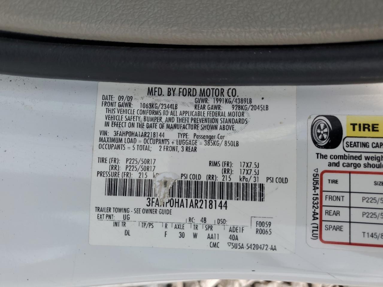 2010 Ford Fusion Se VIN: 3FAHP0HA1AR218144 Lot: 63782874