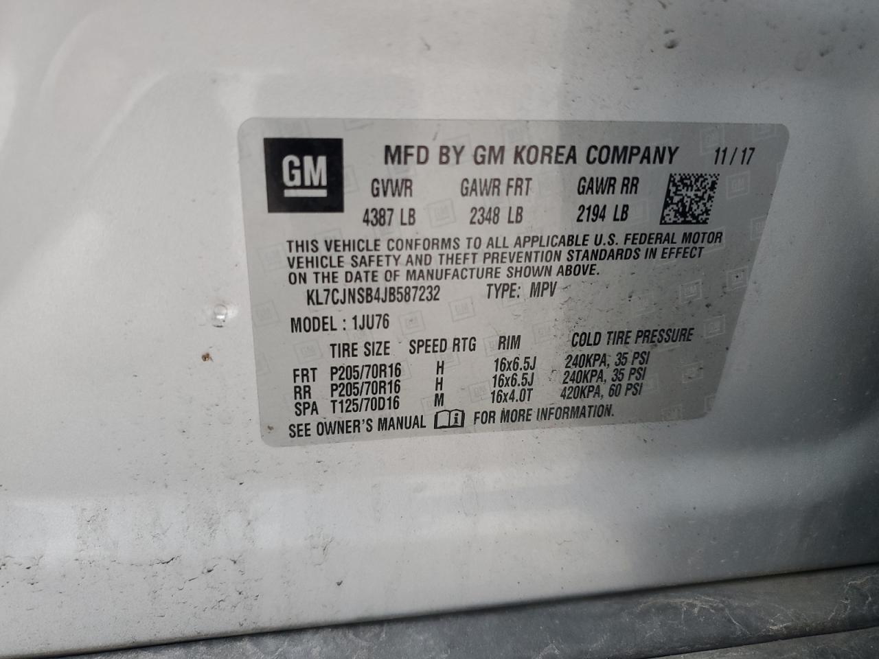 2018 Chevrolet Trax Ls VIN: KL7CJNSB4JB587232 Lot: 63545464