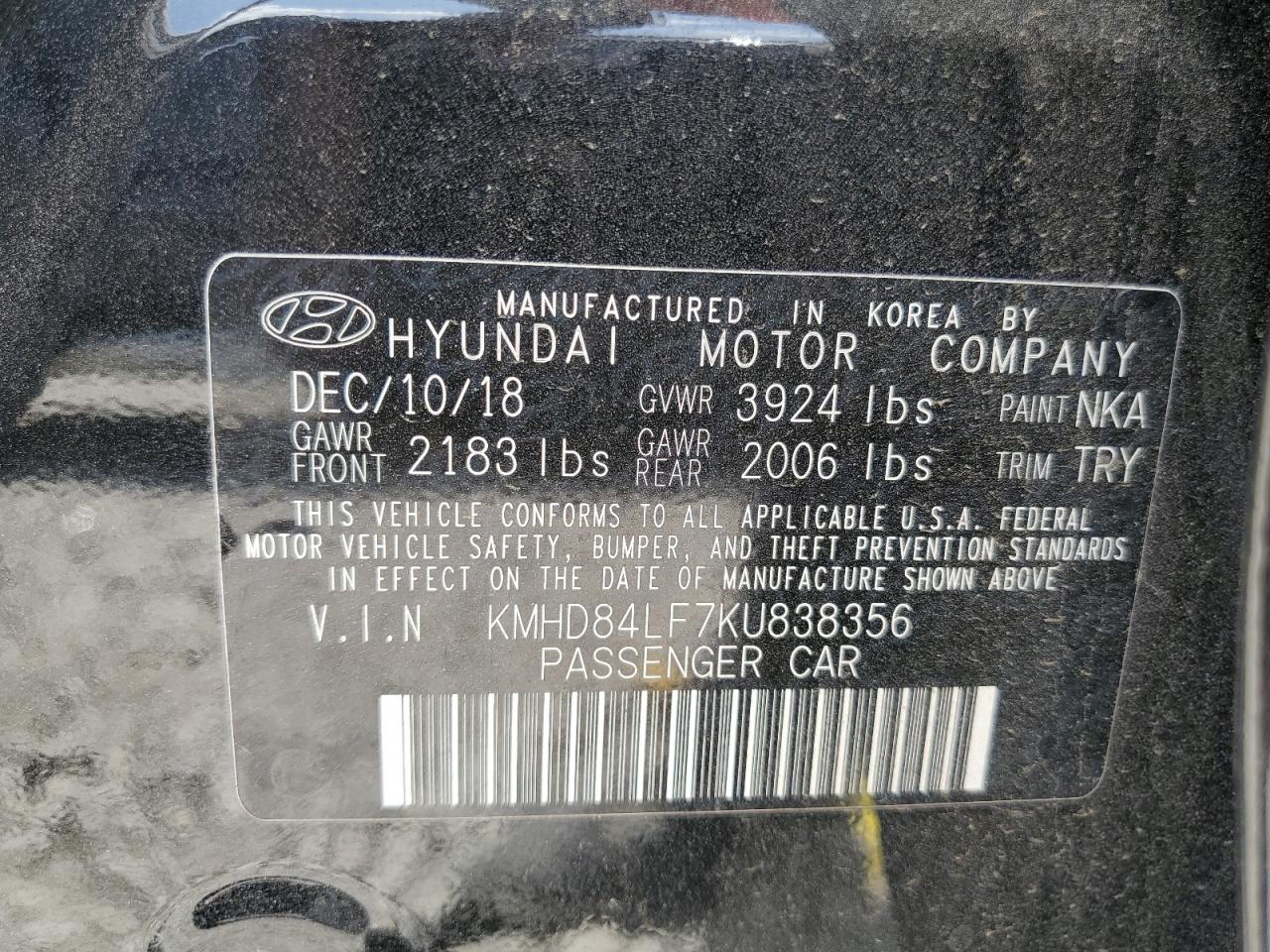 2019 Hyundai Elantra Sel VIN: KMHD84LF7KU838356 Lot: 62997904