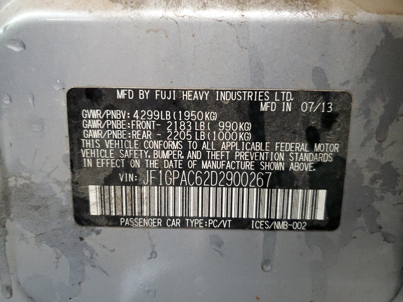 2013 Subaru Impreza Premium VIN: JF1GPAC62D2900267 Lot: 62525214