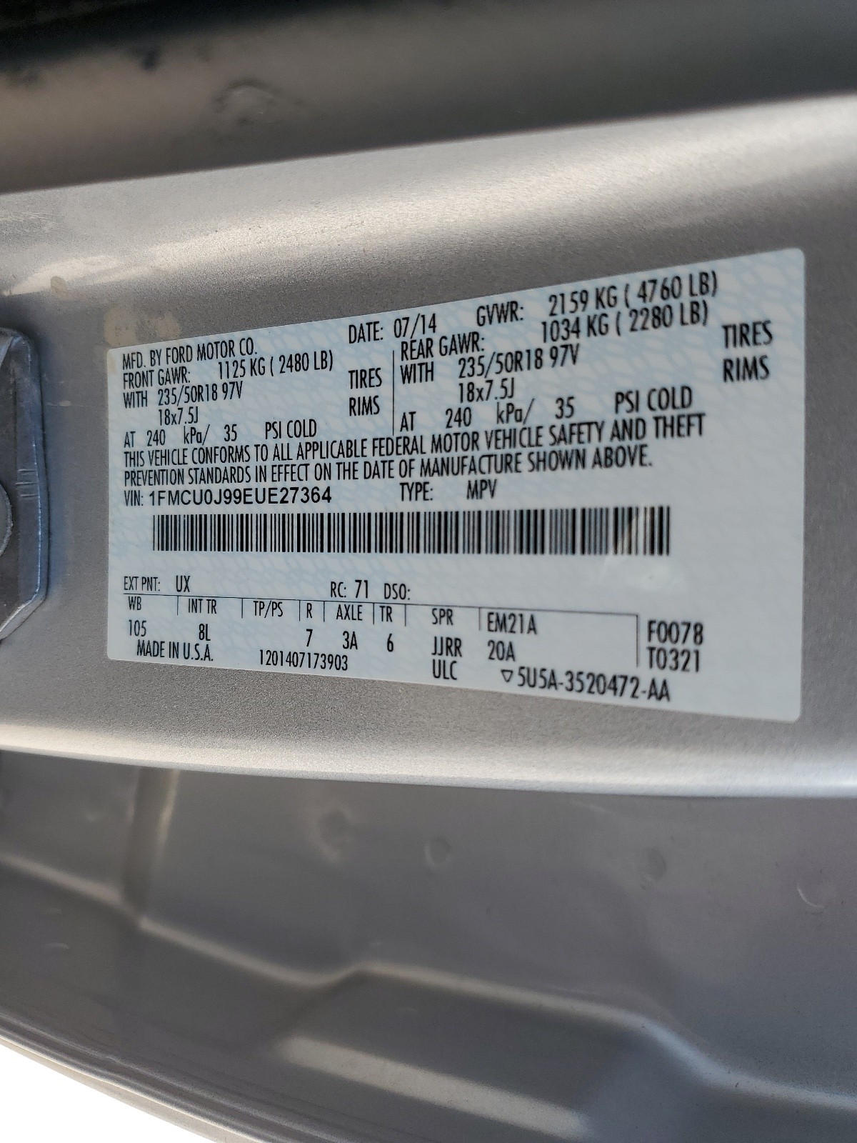 1FMCU0J99EUE27364 2014 Ford Escape Titanium