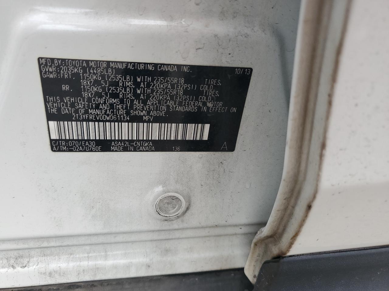 2013 Toyota Rav4 Limited VIN: 2T3YFREV0DW061134 Lot: 64651514