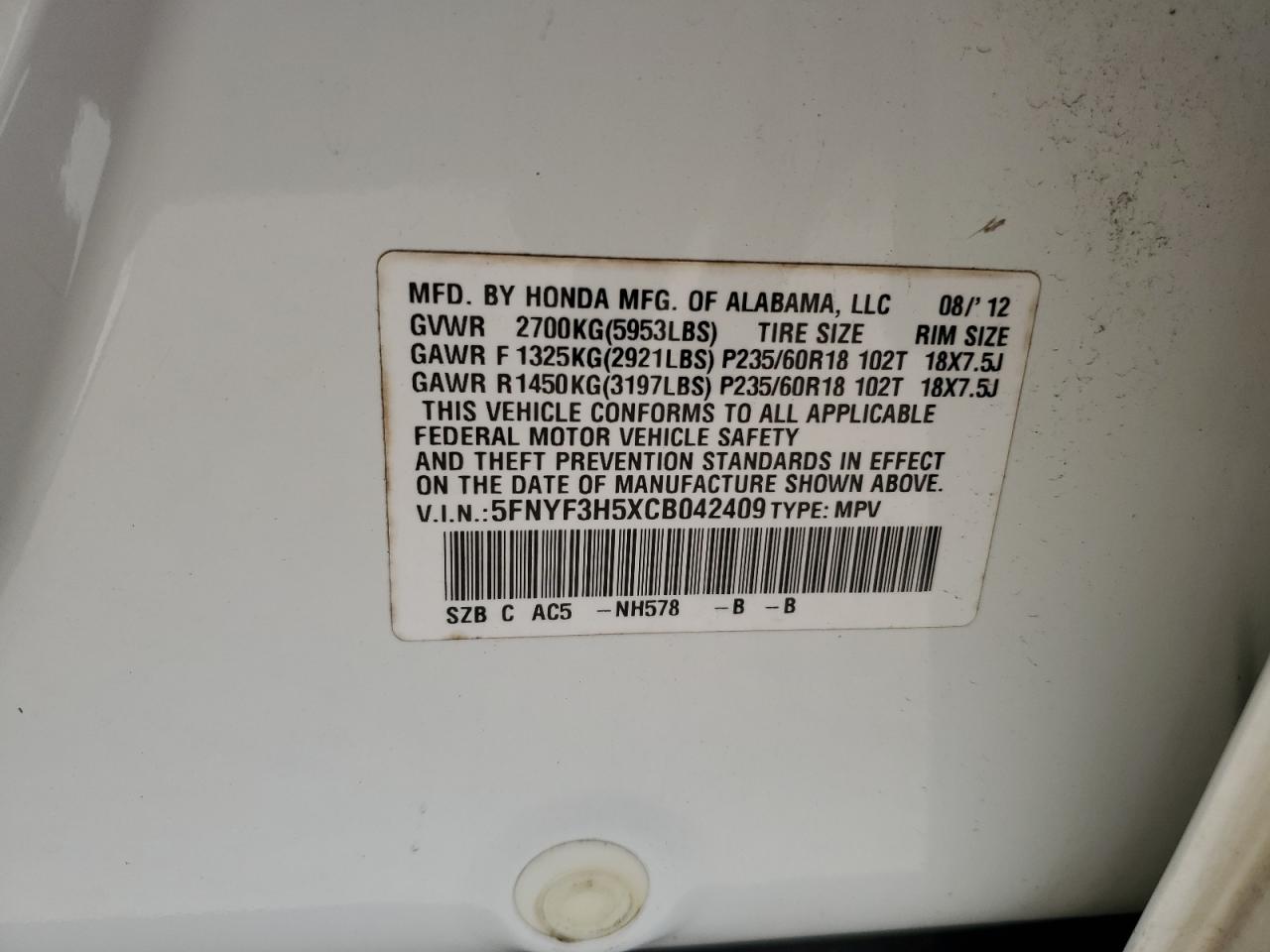 2012 Honda Pilot Exl VIN: 5FNYF3H5XCB042409 Lot: 61713574