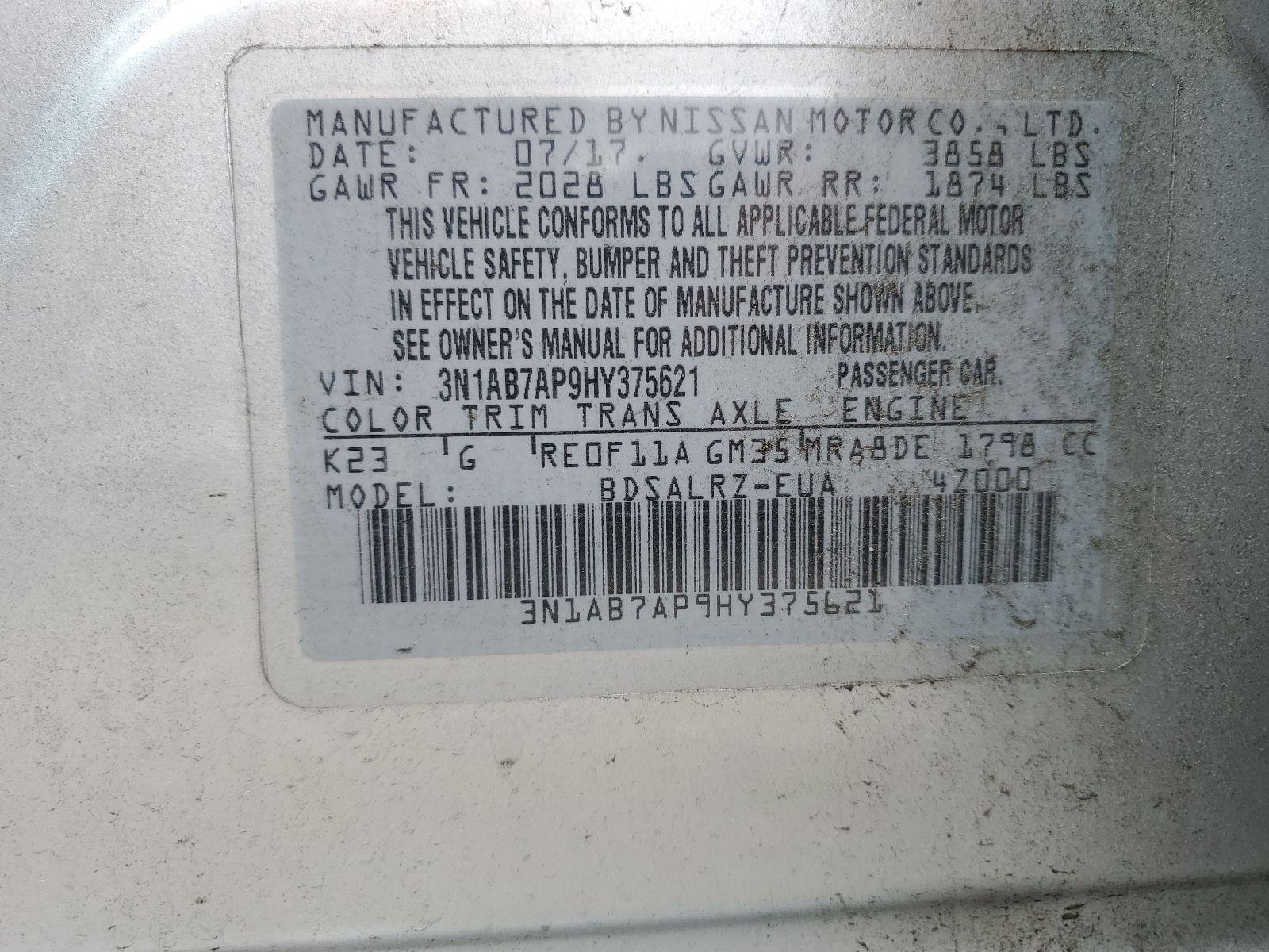 3N1AB7AP9HY375621 2017 Nissan Sentra S