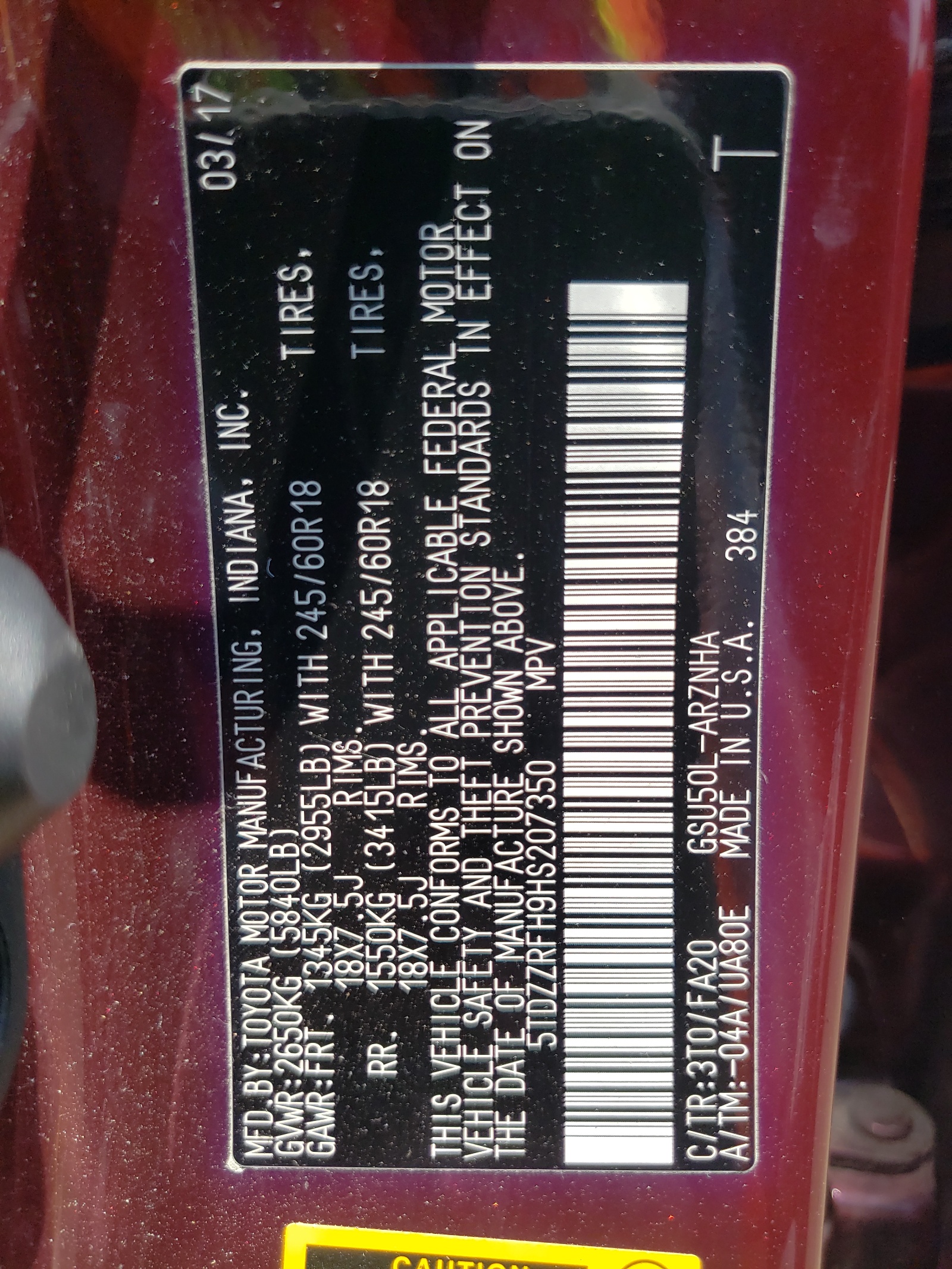 5TDZZRFH9HS207350 2017 Toyota Highlander Le