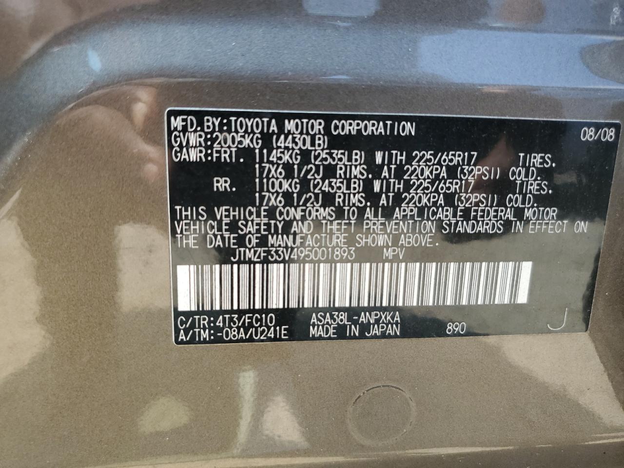 2009 Toyota Rav4 VIN: JTMZF33V495001893 Lot: 61401184