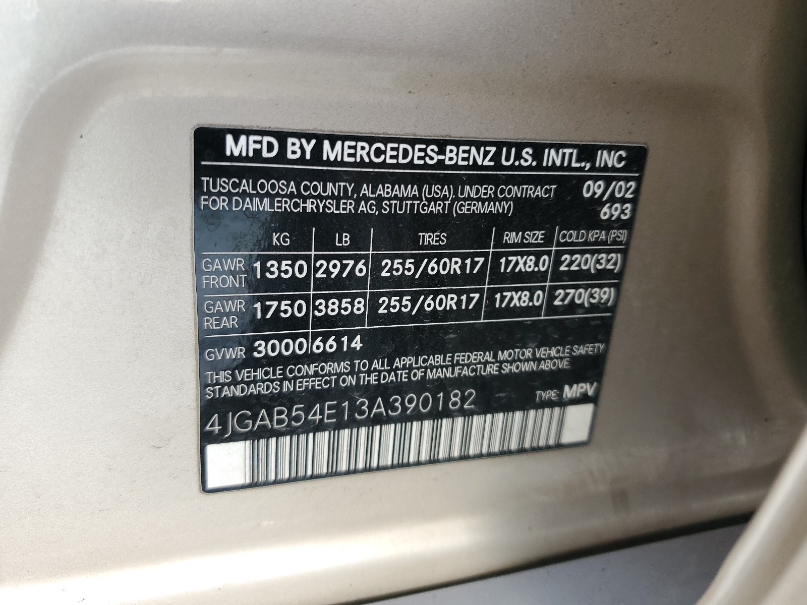 4JGAB54E13A390182 2003 Mercedes-Benz Ml 320