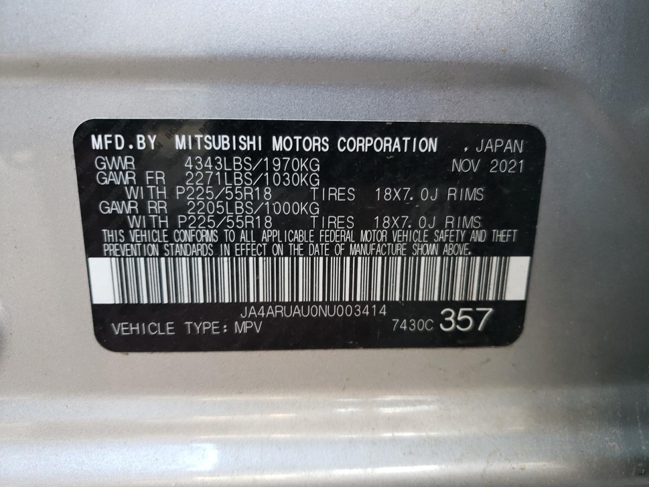 2022 Mitsubishi Outlander Sport Es VIN: JA4ARUAU0NU003414 Lot: 63618684