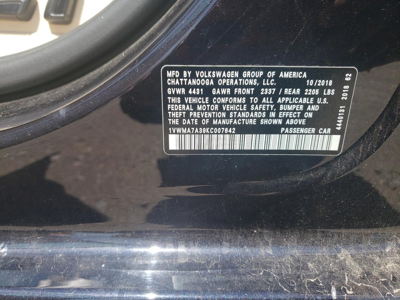 2019 Volkswagen Passat Se R-Line VIN: 1VWMA7A39KC007642 Lot: 64806514