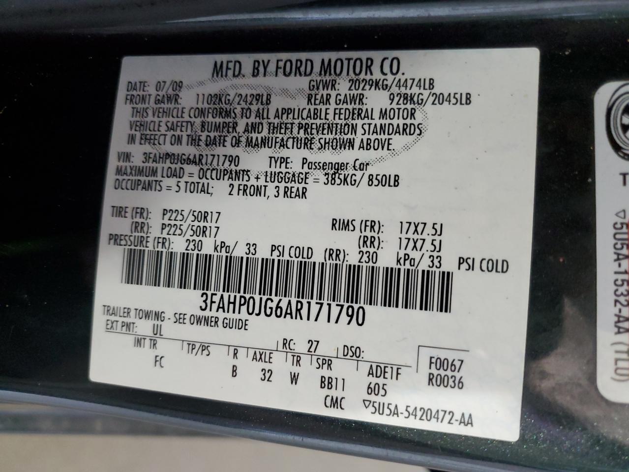 2010 Ford Fusion Sel VIN: 3FAHP0JG6AR171790 Lot: 63330904