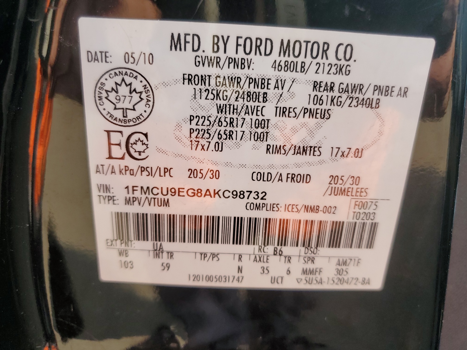1FMCU9EG8AKC98732 2010 Ford Escape Limited