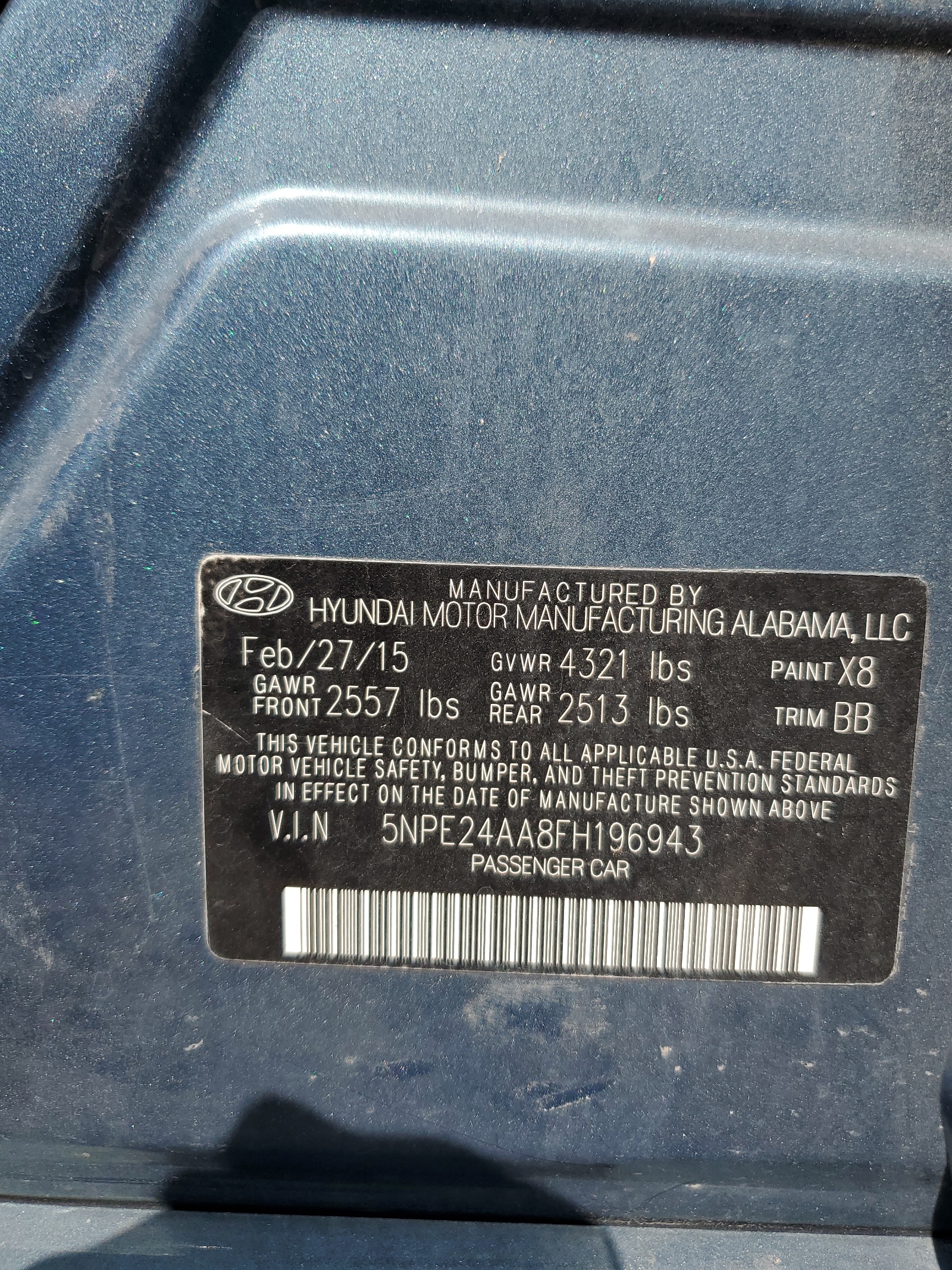 5NPE24AA8FH196943 2015 Hyundai Sonata Eco