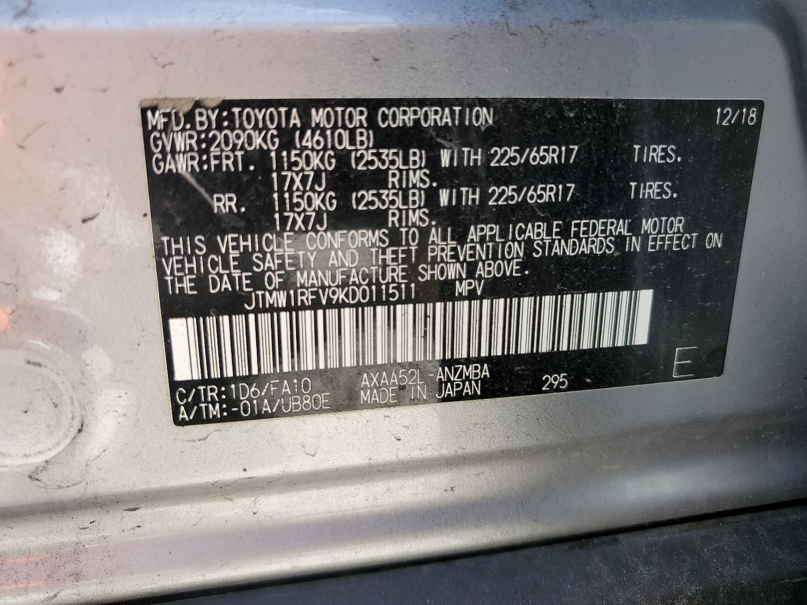 JTMW1RFV9KD011511 2019 Toyota Rav4 Xle