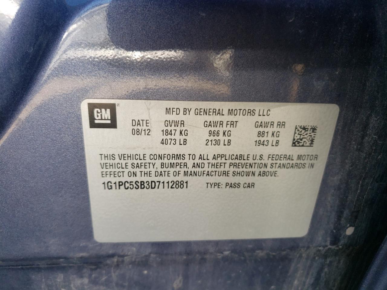 2013 Chevrolet Cruze Lt VIN: 1G1PC5SB3D7112881 Lot: 63234554