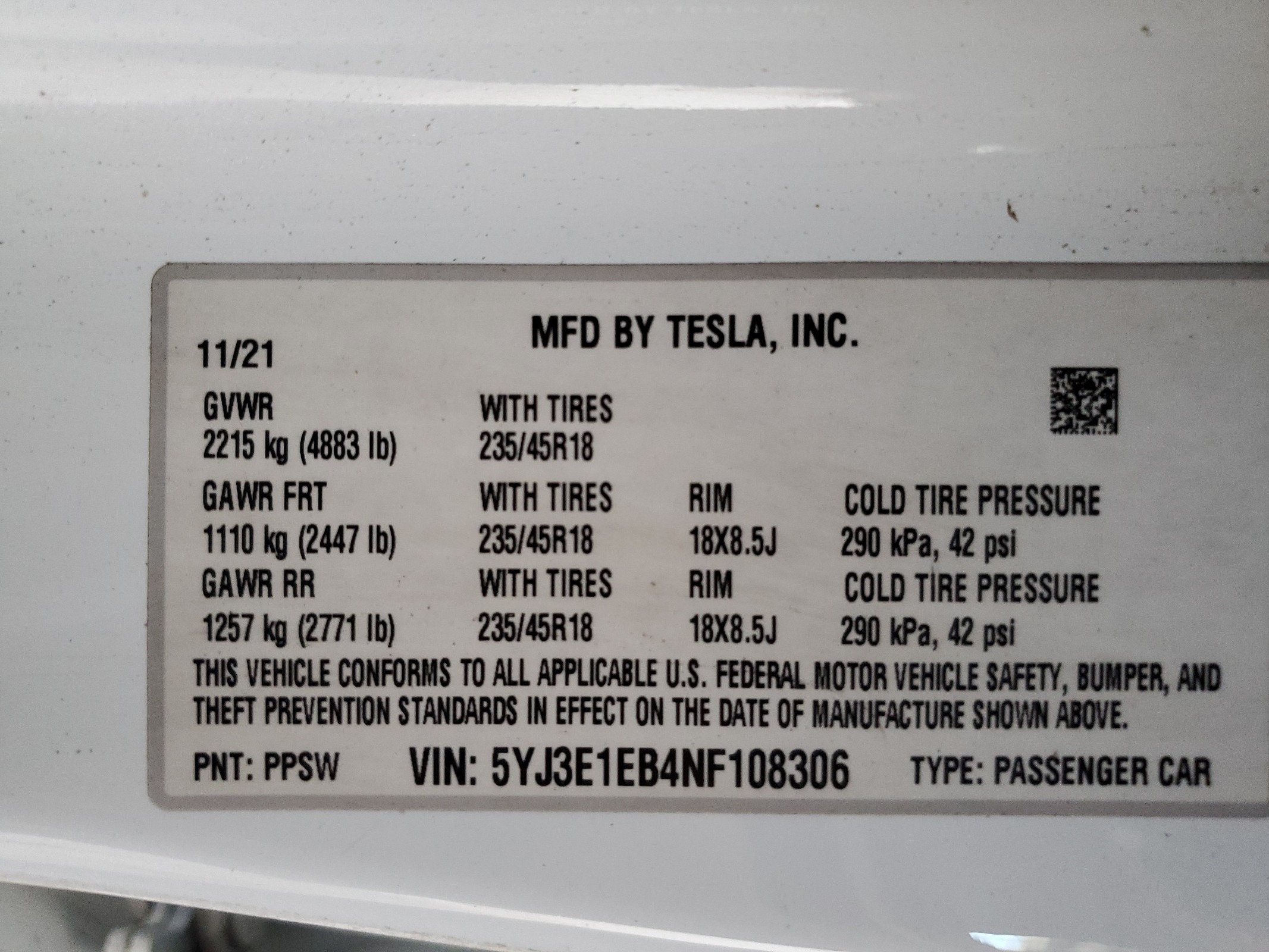 5YJ3E1EB4NF108306 2022 Tesla Model 3