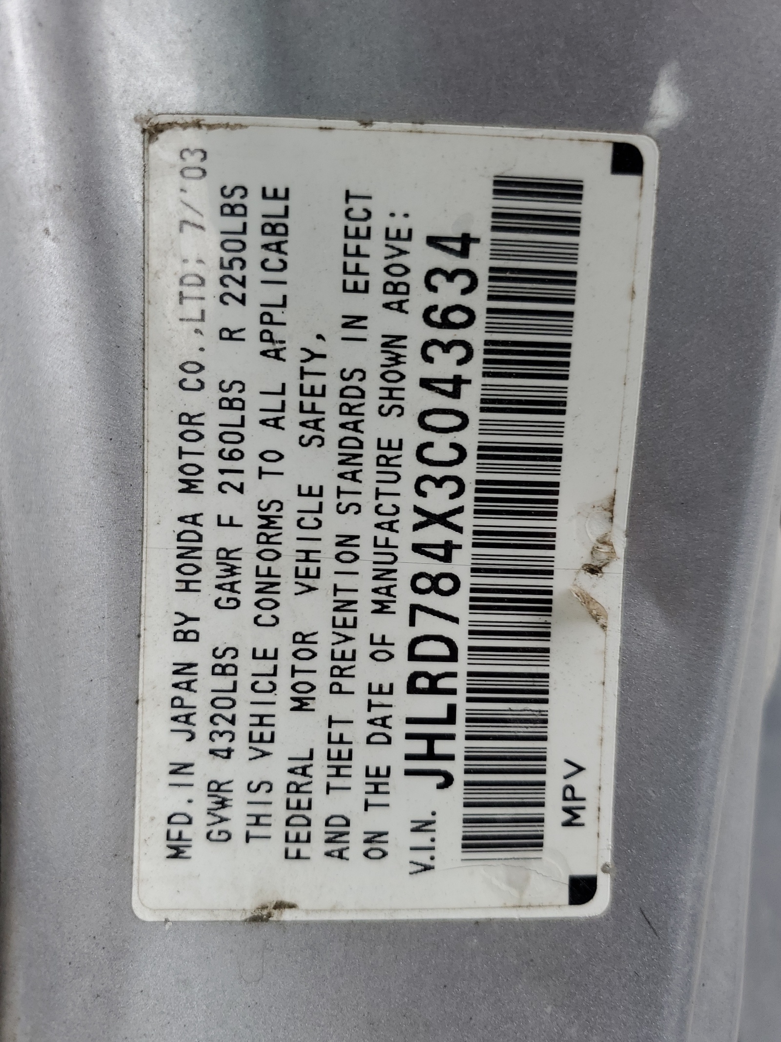 JHLRD784X3C043634 2003 Honda Cr-V Lx